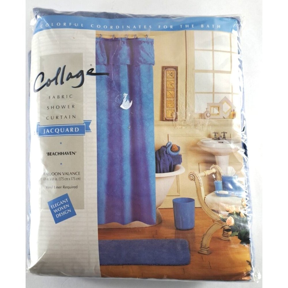 Collage Fabric Shower Curtain Beach Haven Textured Sea Shells Blue Jacquard NEW